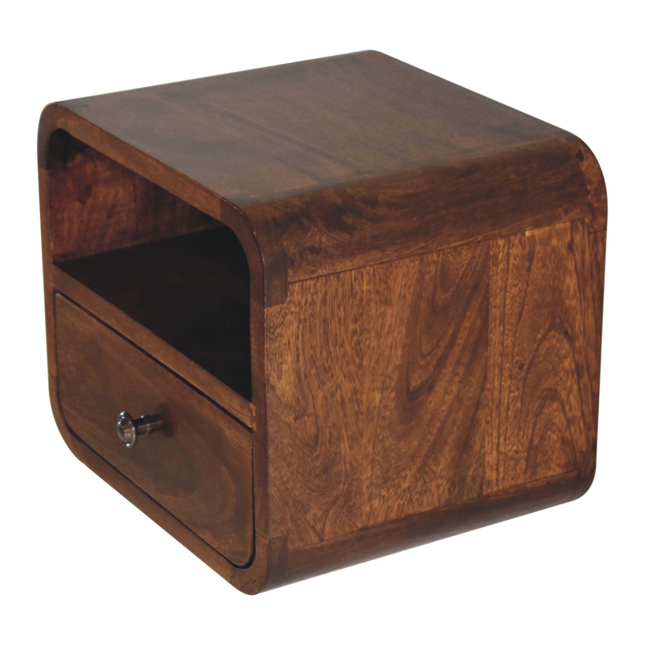 Extra Mini Wall Mounted Curved Chestnut Bedside - 1 Drawer And Shelf
