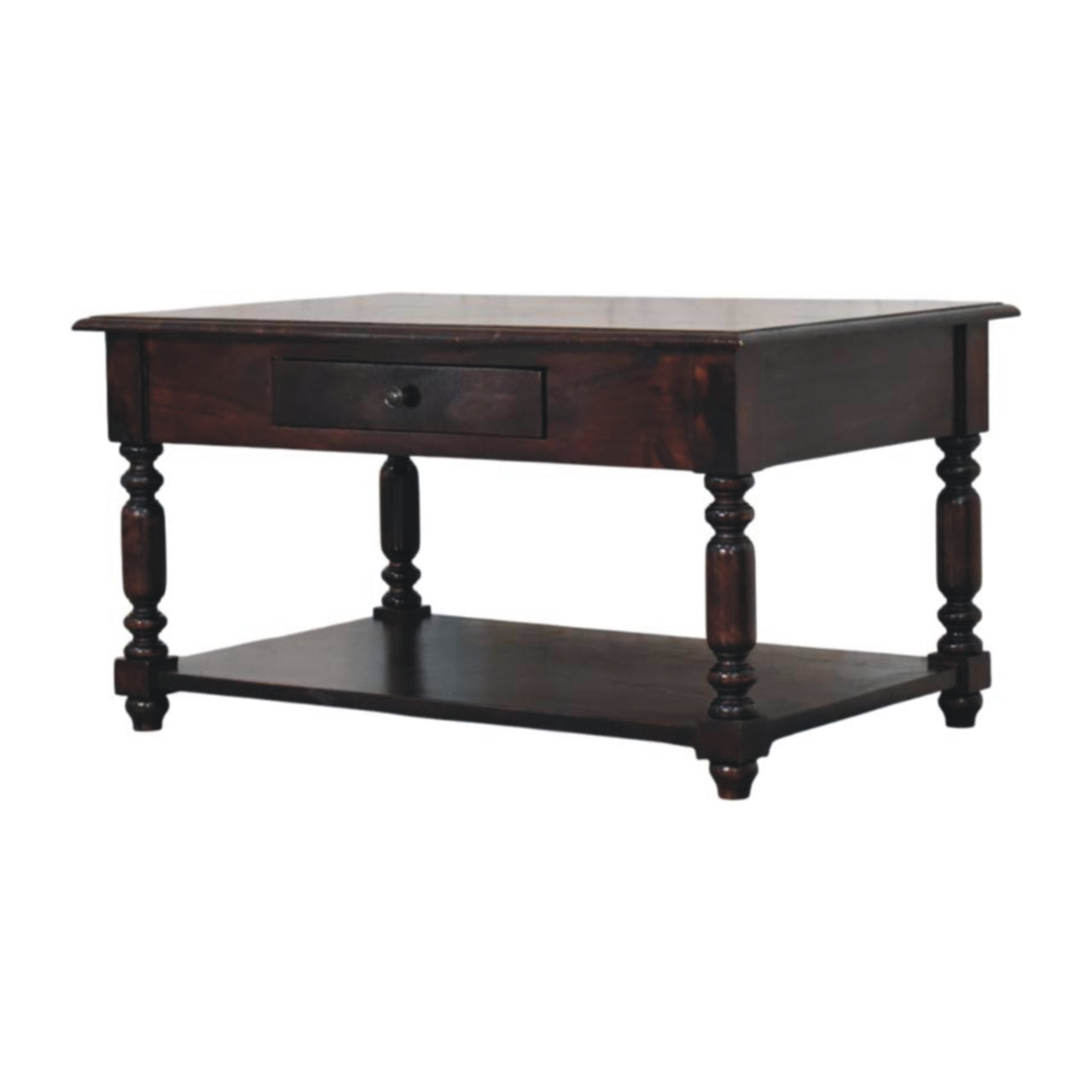 Turned Legs Chestnut 2 Drawer Coffee Table - Solid Wood Table with Drawers & Shelf (Copy)