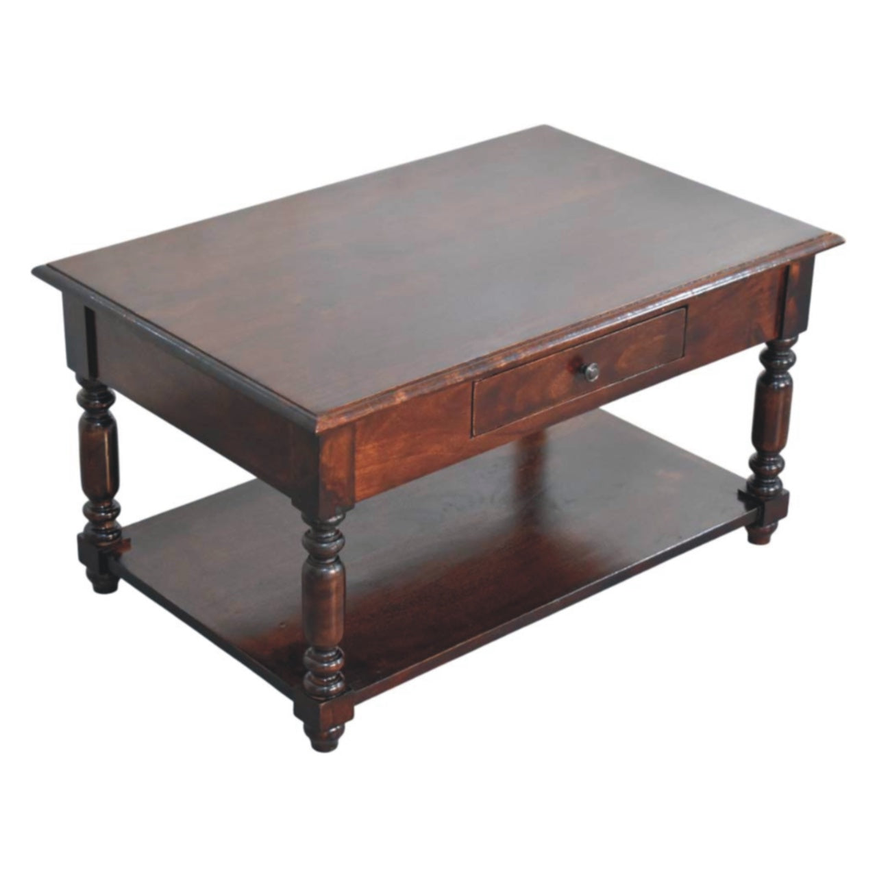 Turned Legs Chestnut 2 Drawer Coffee Table - Solid Wood Table with Drawers & Shelf (Copy)