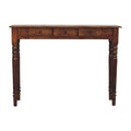 Turned Legs 3 Drawer Chestnut Console – Entryway Table with Brass Knobs