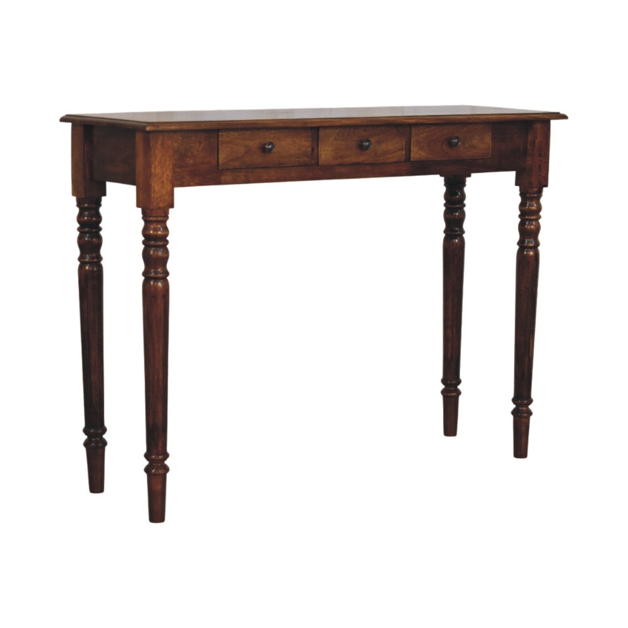 Turned Legs 3 Drawer Chestnut Console – Entryway Table with Brass Knobs