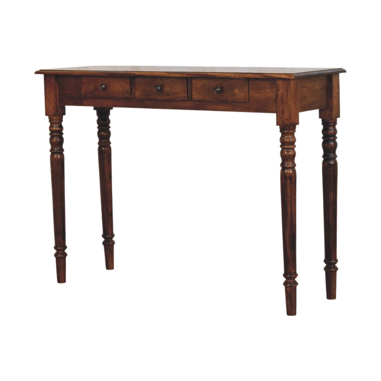 Turned Legs 3 Drawer Chestnut Console – Entryway Table with Brass Knobs