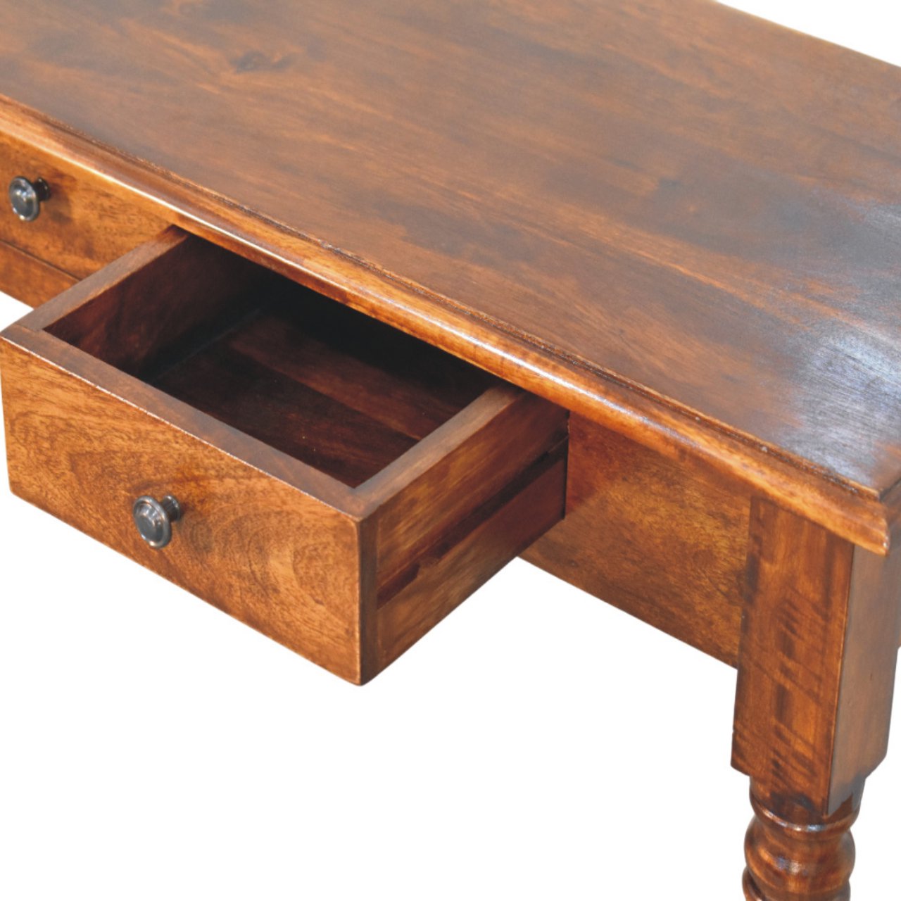 Turned Legs 3 Drawer Chestnut Console – Entryway Table with Brass Knobs
