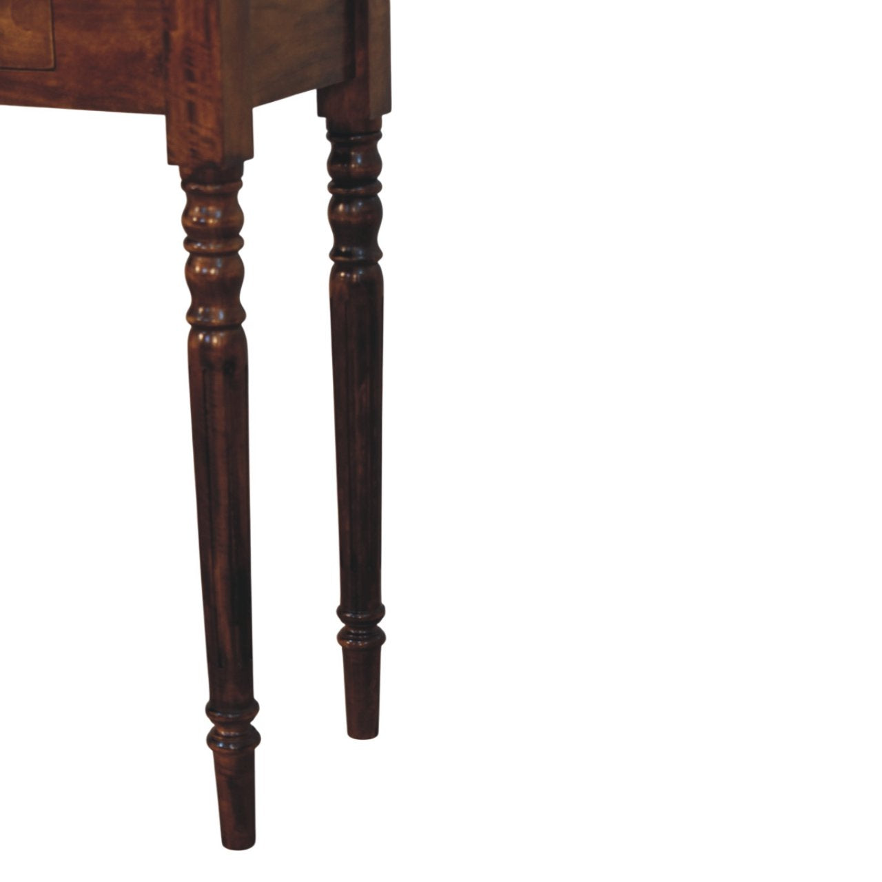 Turned Legs 3 Drawer Chestnut Console – Entryway Table with Brass Knobs