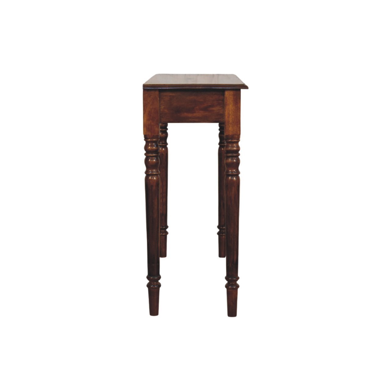 Turned Legs 3 Drawer Chestnut Console – Entryway Table with Brass Knobs