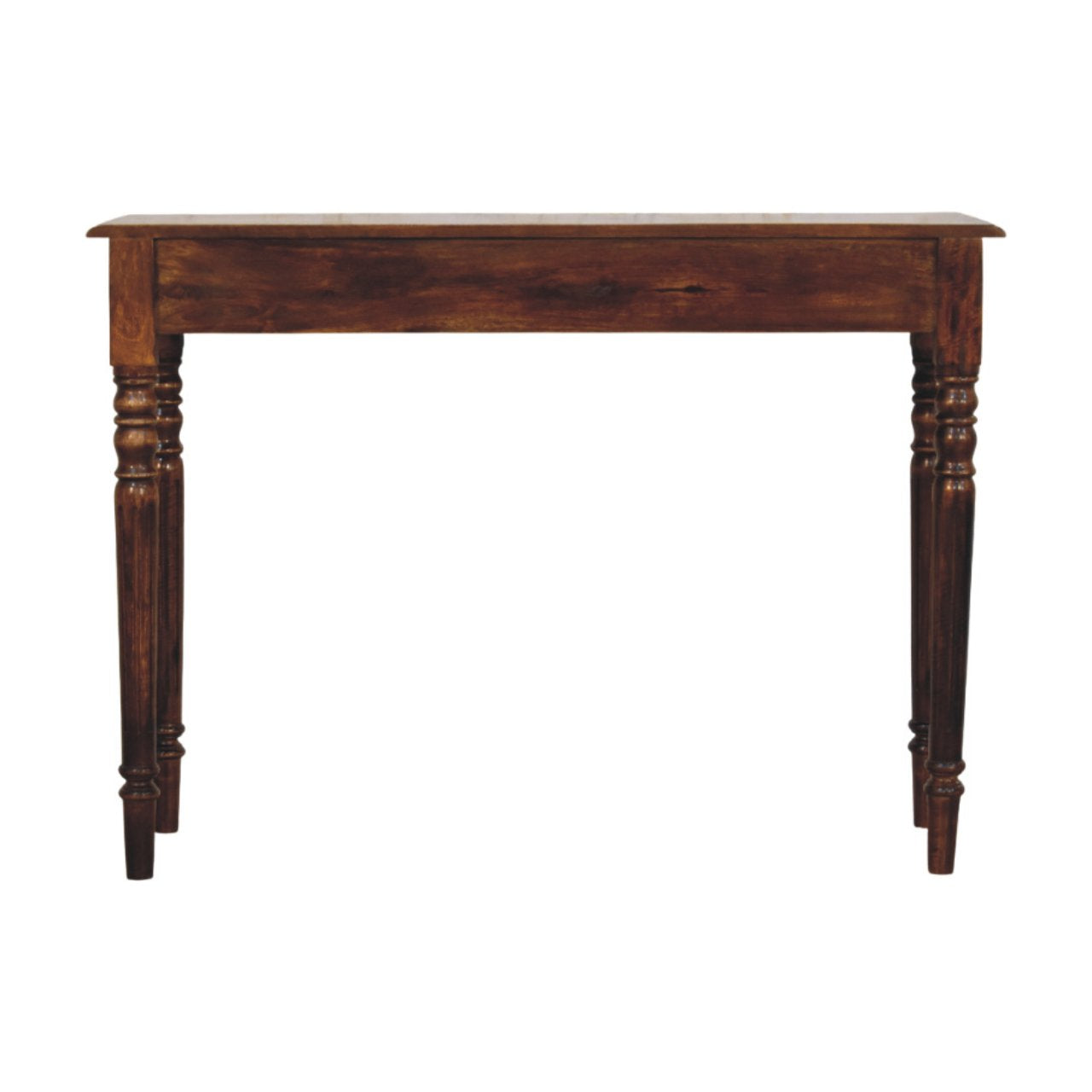 Turned Legs 3 Drawer Chestnut Console – Entryway Table with Brass Knobs