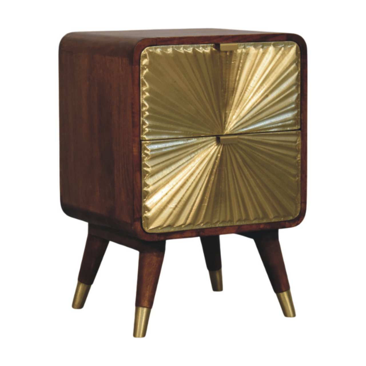 Avora Brass Embossed 2 Drawer Chestnut Nightstand - Handcrafted Nightstand with Brass Sunburst Front