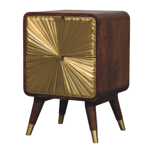 Avora Brass Embossed 2 Drawer Chestnut Nightstand - Handcrafted Nightstand with Brass Sunburst Front