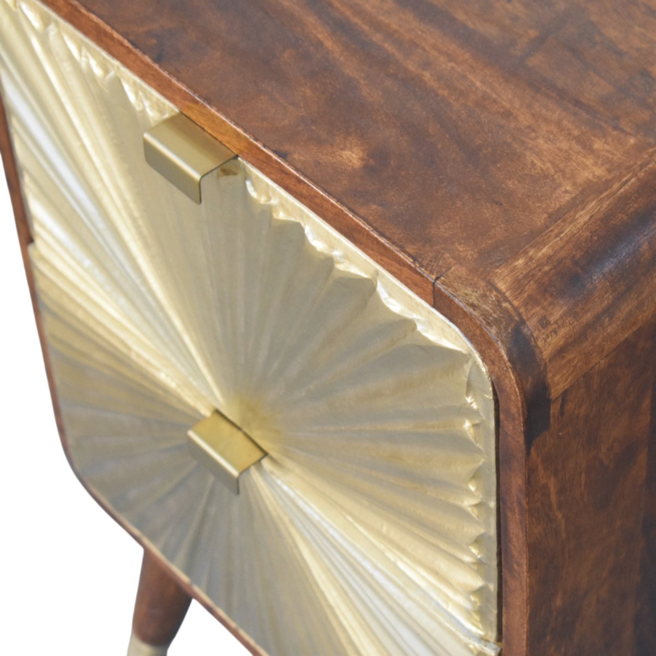 Avora Brass Embossed 2 Drawer Chestnut Nightstand - Handcrafted Nightstand with Brass Sunburst Front
