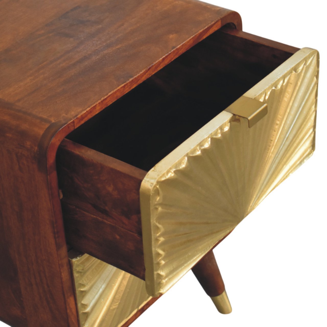 Avora Brass Embossed 2 Drawer Chestnut Nightstand - Handcrafted Nightstand with Brass Sunburst Front