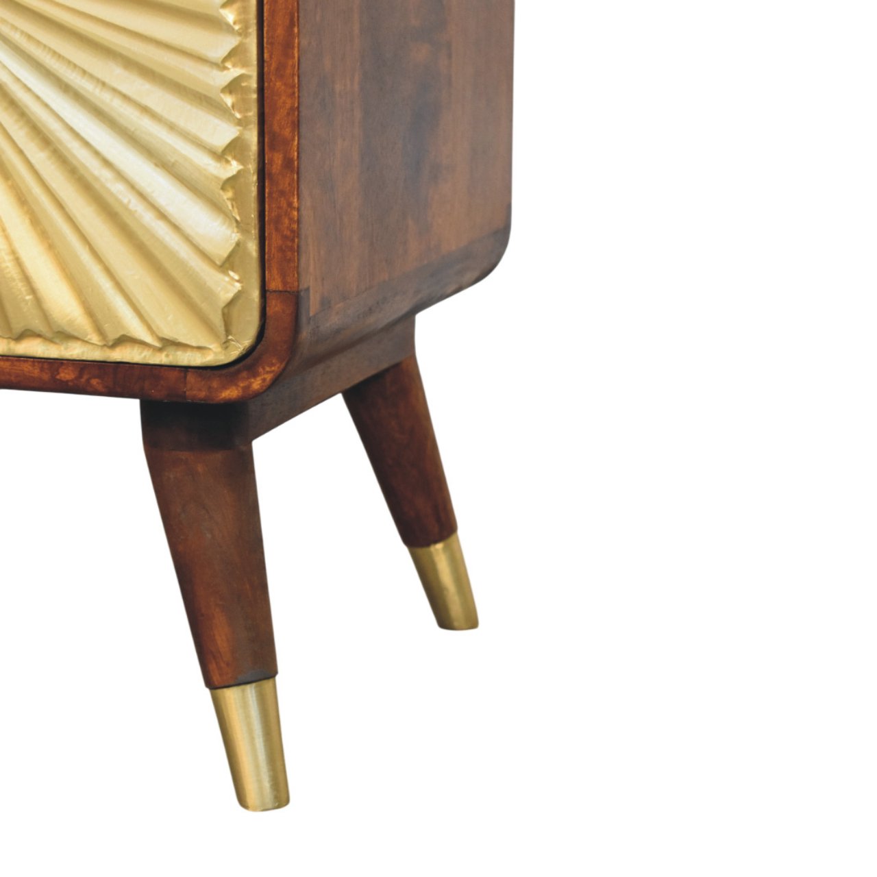 Avora Brass Embossed 2 Drawer Chestnut Nightstand - Handcrafted Nightstand with Brass Sunburst Front