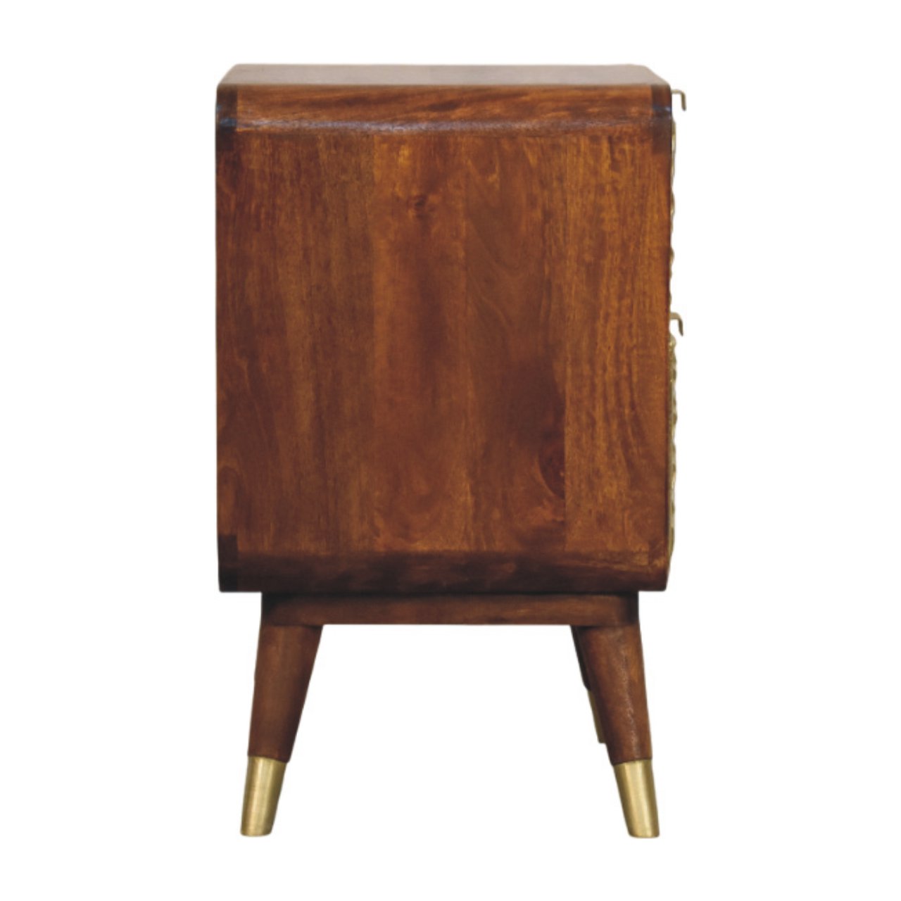 Avora Brass Embossed 2 Drawer Chestnut Nightstand - Handcrafted Nightstand with Brass Sunburst Front