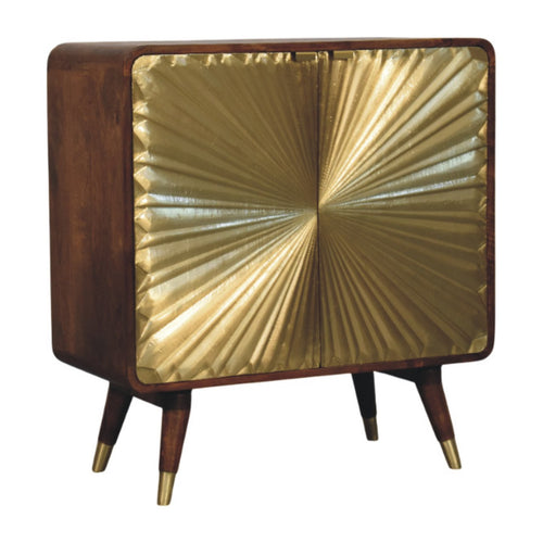 Avora Brass Embossed 2 Door Chestnut Cabinet - Handcrafted Storage with Brass Sunburst Front