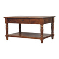 Turned Legs Chestnut 2 Drawer Coffee Table - Solid Wood Table with Drawers & Shelf