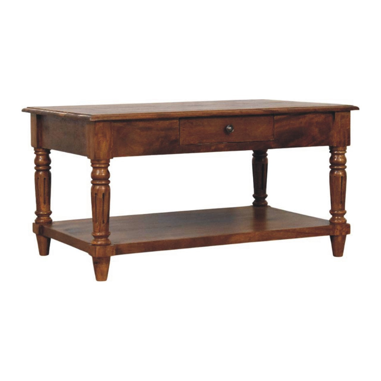 Turned Legs Chestnut 2 Drawer Coffee Table - Solid Wood Table with Drawers & Shelf