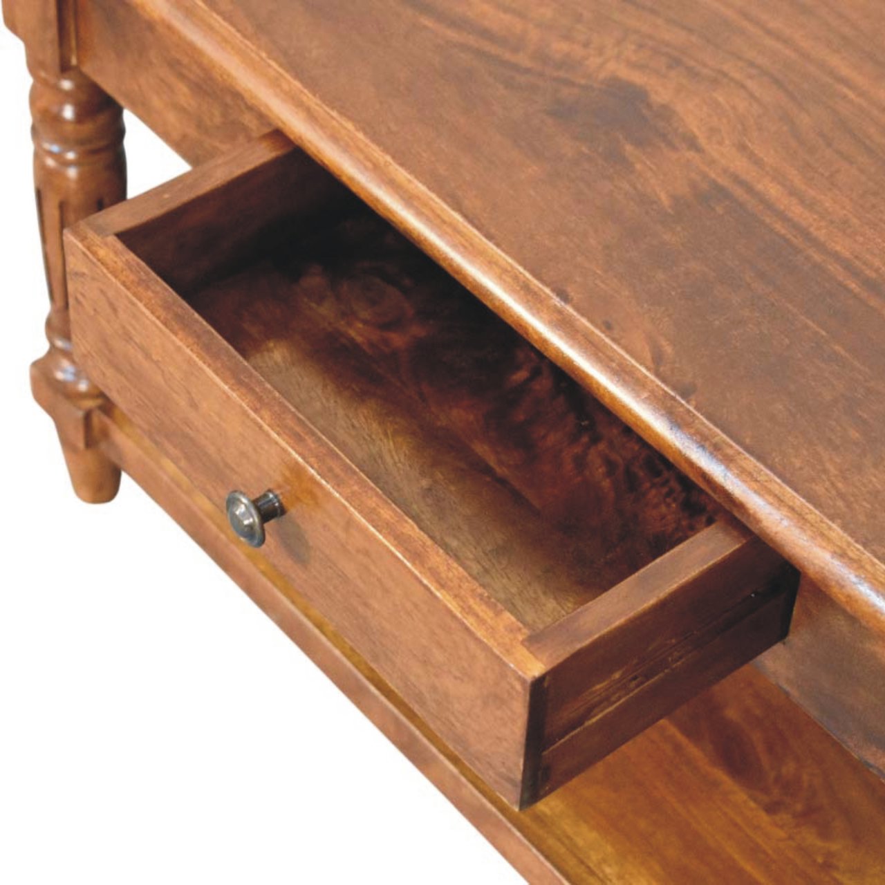Turned Legs Chestnut 2 Drawer Coffee Table - Solid Wood Table with Drawers & Shelf