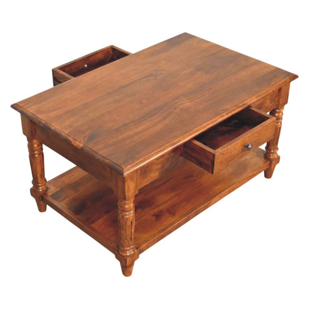 Turned Legs Chestnut 2 Drawer Coffee Table - Solid Wood Table with Drawers & Shelf