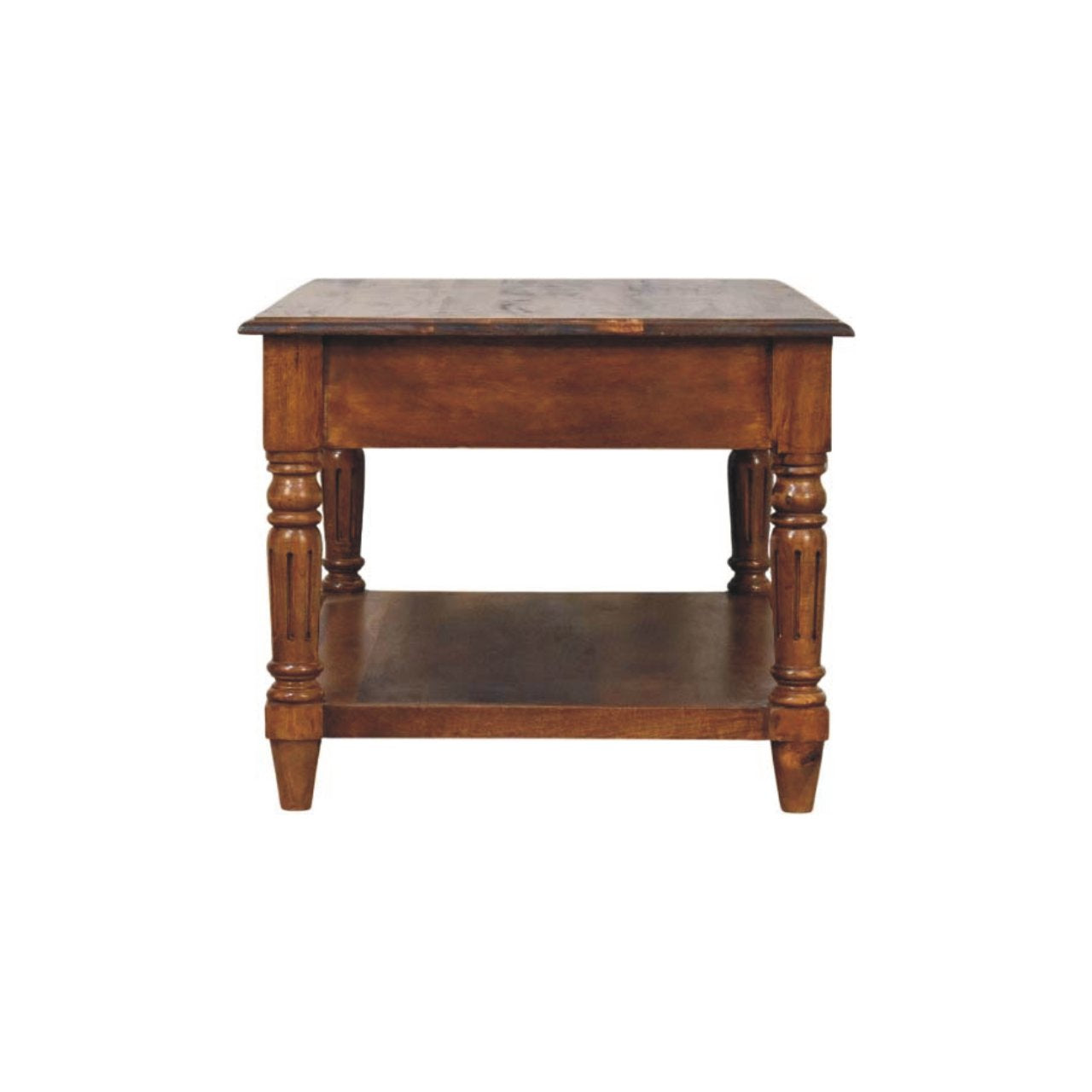 Turned Legs Chestnut 2 Drawer Coffee Table - Solid Wood Table with Drawers & Shelf