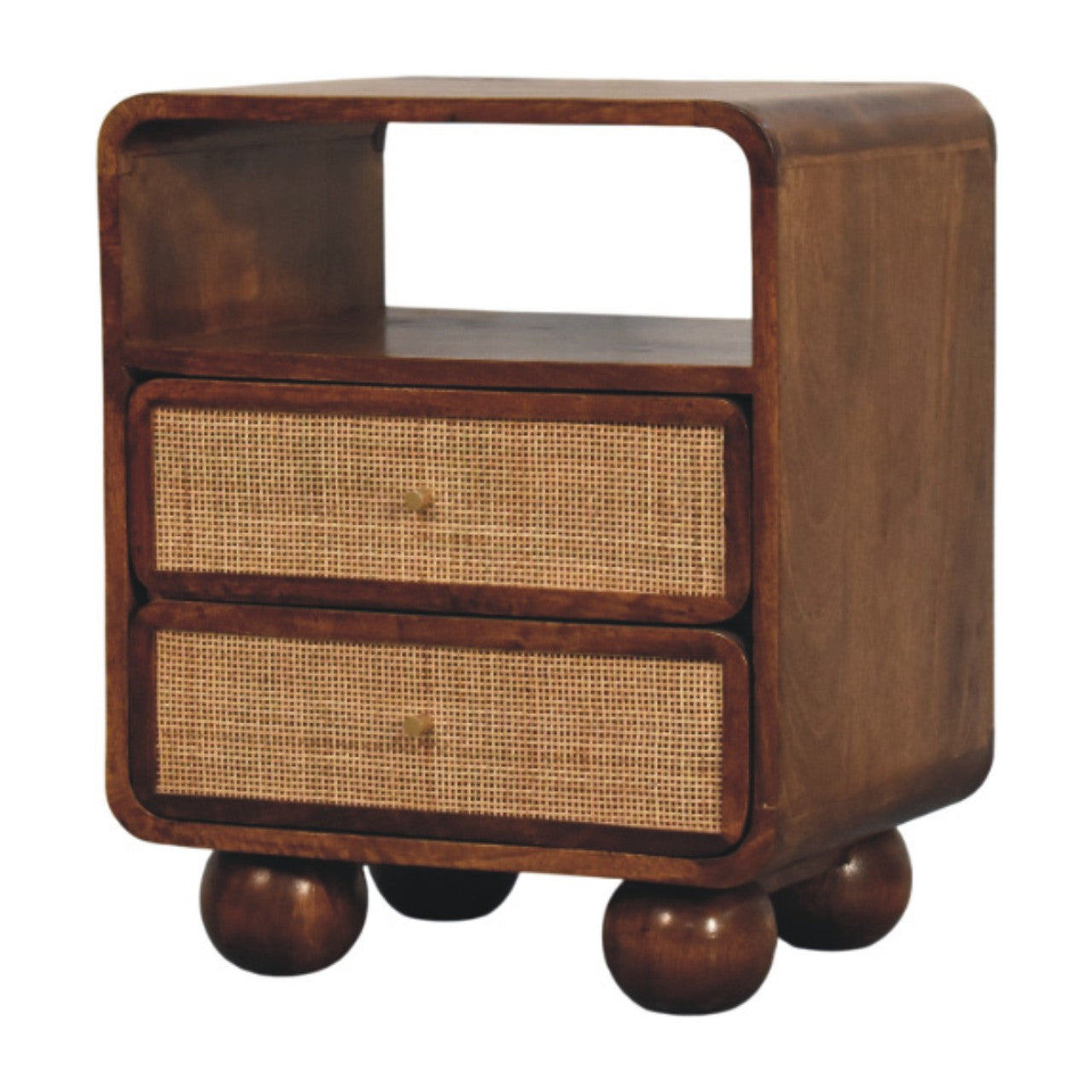 Larissa 2 Drawer Chestnut Nightstand-  Solid Wood Rattan Nightstand with Open Shelf