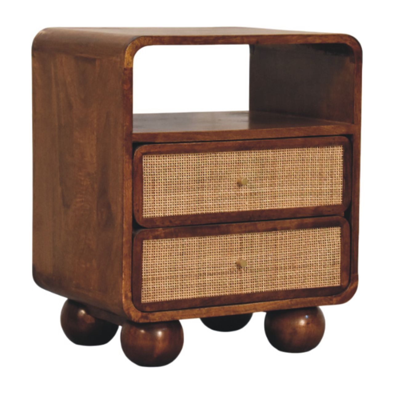 Larissa 2 Drawer Chestnut Nightstand-  Solid Wood Rattan Nightstand with Open Shelf