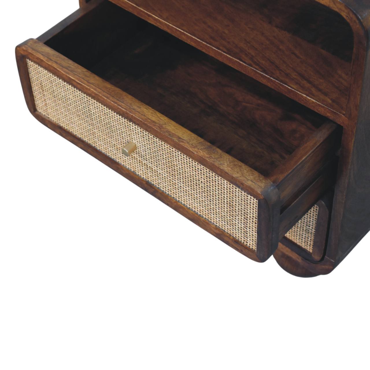 Larissa 2 Drawer Chestnut Nightstand-  Solid Wood Rattan Nightstand with Open Shelf