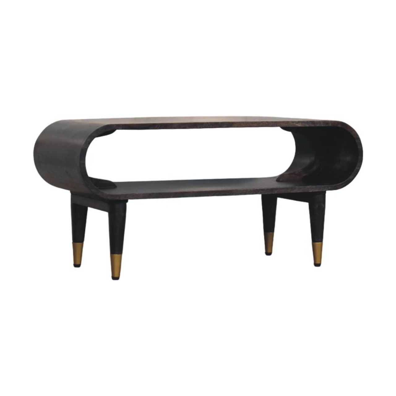 Curved Edge Media with Brass Accents - Solid Mango Wood TV Stand in Carbon Ash