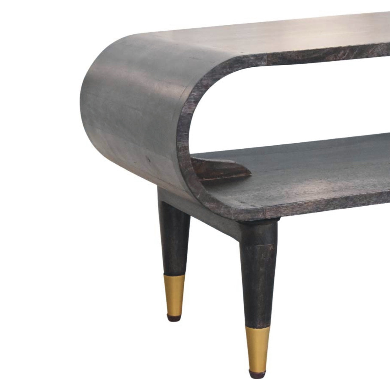Curved Edge Media with Brass Accents - Solid Mango Wood TV Stand in Carbon Ash