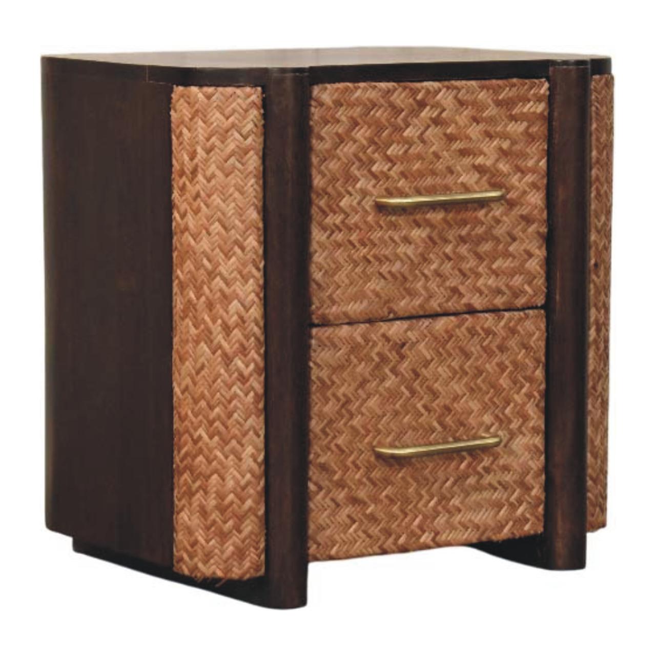 Havana Canefront Drawers - Solid Wood Bedside Table with Brass Handles & Woven Rattan