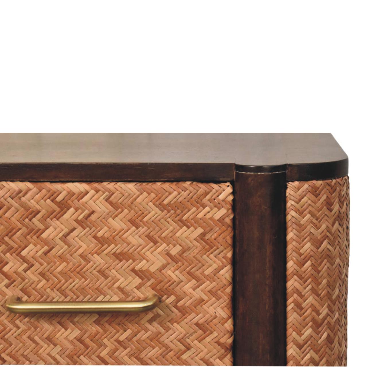 Havana Canefront Drawers - Solid Wood Bedside Table with Brass Handles & Woven Rattan