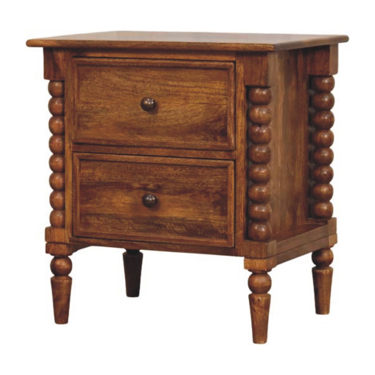 Spindle Leg Amber Oak Nightstand - Solid Mango Wood Bedside Table in Amber Oak