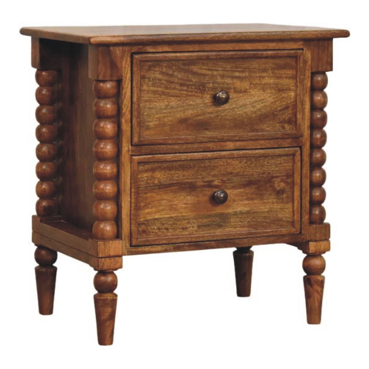 Spindle Leg Amber Oak Nightstand - Solid Mango Wood Bedside Table in Amber Oak