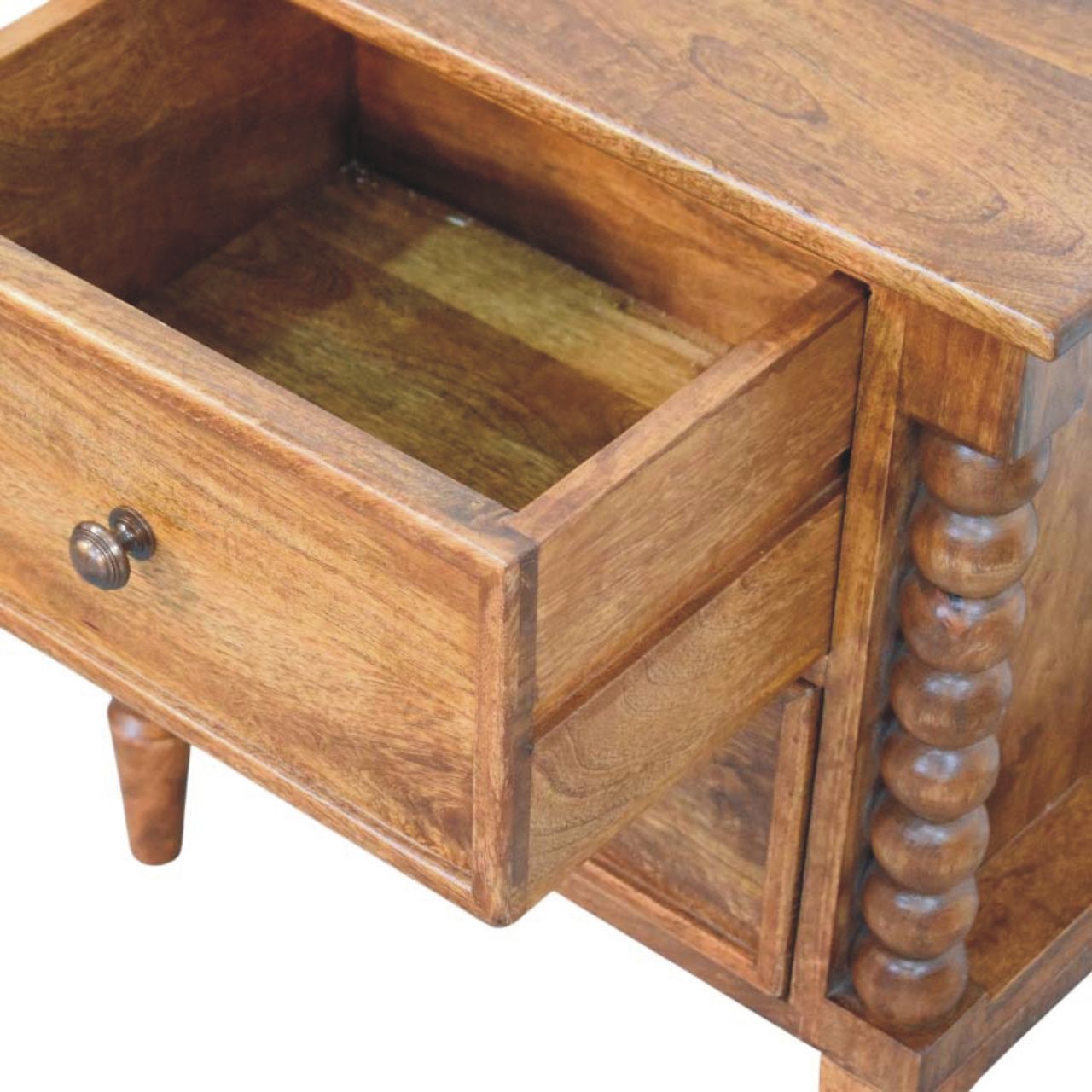 Spindle Leg Amber Oak Nightstand - Solid Mango Wood Bedside Table in Amber Oak