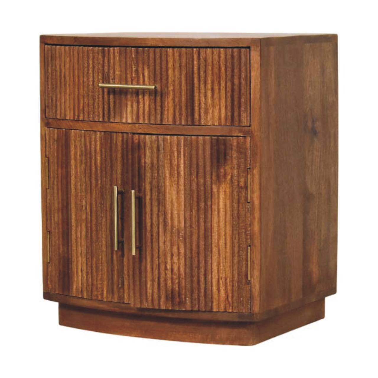 Amber Oak Curved Ribbed Bedside Cabinet – 1 Drawer & Cupboard Solid Mango Wood Nightstand