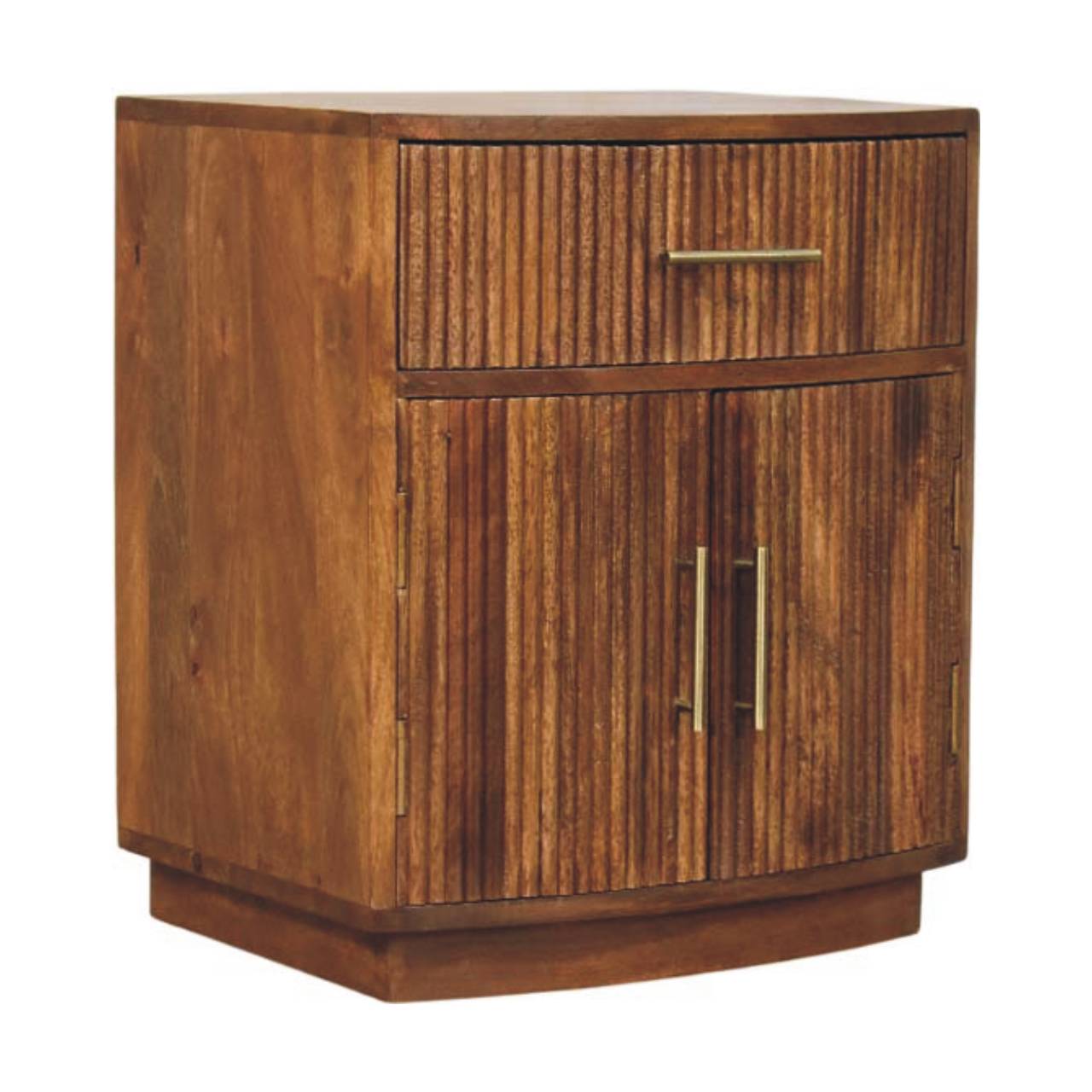 Amber Oak Curved Ribbed Bedside Cabinet – 1 Drawer & Cupboard Solid Mango Wood Nightstand