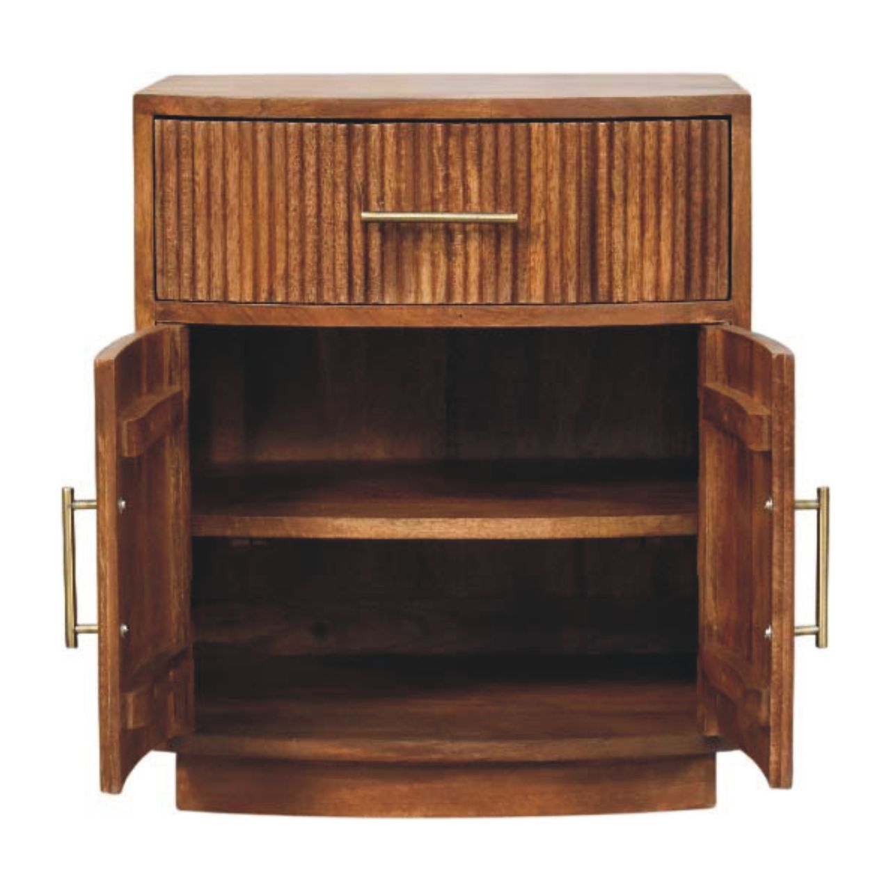 Amber Oak Curved Ribbed Bedside Cabinet – 1 Drawer & Cupboard Solid Mango Wood Nightstand