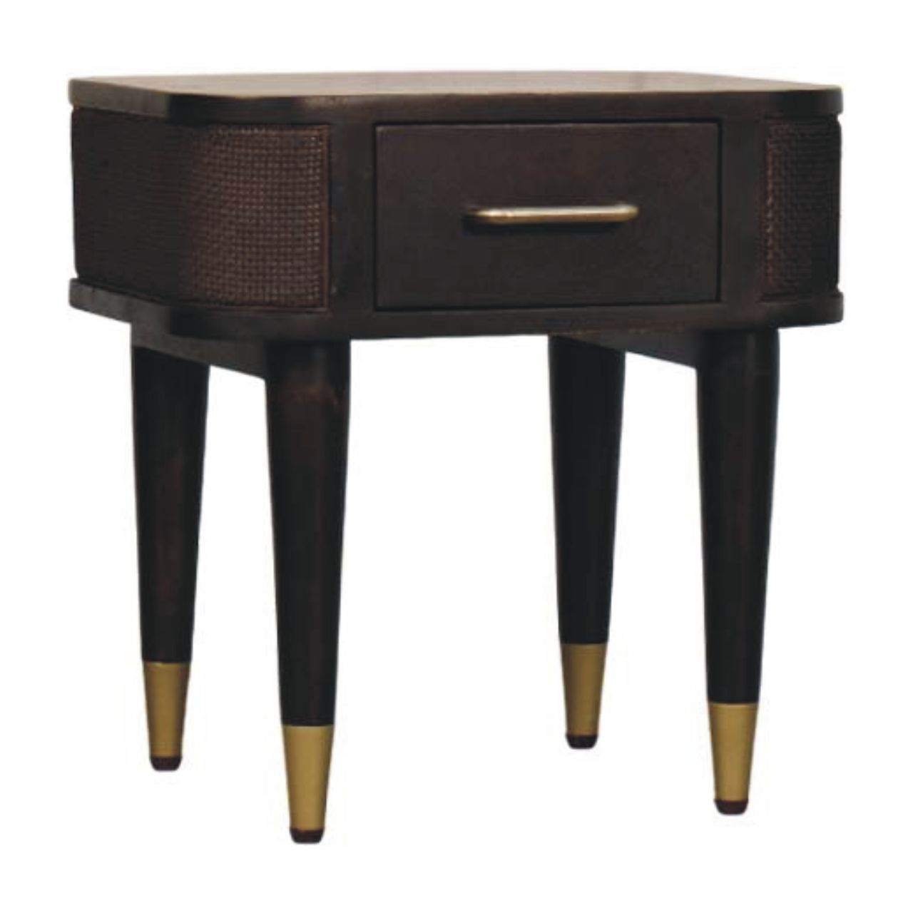 Belmont Bedside Table in Velvet Mocha – Solid Mango Wood with Rattan & Brass Detailing