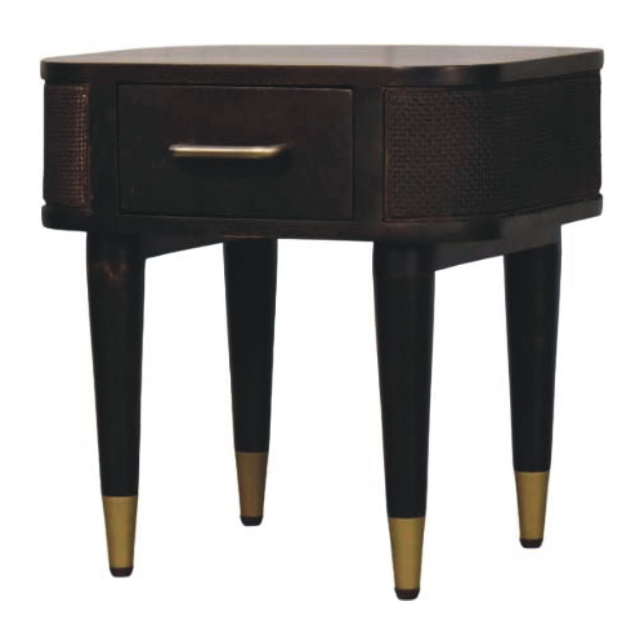 Belmont Bedside Table in Velvet Mocha – Solid Mango Wood with Rattan & Brass Detailing