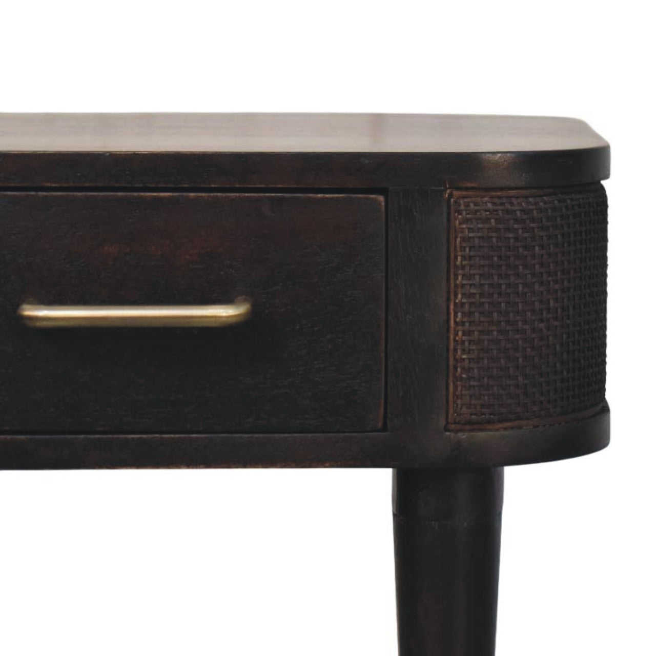 Belmont Bedside Table in Velvet Mocha – Solid Mango Wood with Rattan & Brass Detailing
