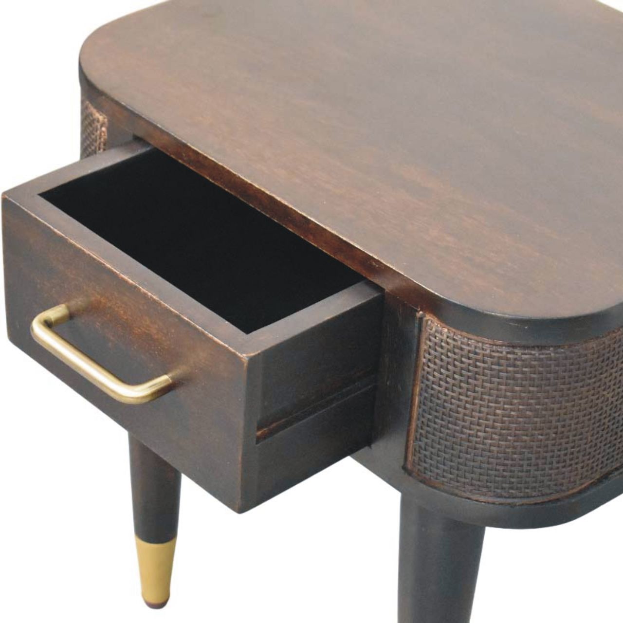 Belmont Bedside Table in Velvet Mocha – Solid Mango Wood with Rattan & Brass Detailing