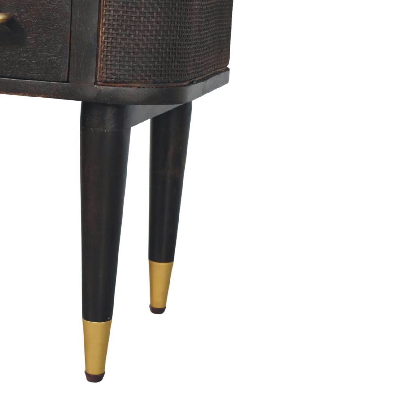 Belmont Bedside Table in Velvet Mocha – Solid Mango Wood with Rattan & Brass Detailing
