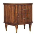 Emerson Amber Oak Ribbed Bedside Table – 2 Drawer Solid Mango Wood Nightstand with Brass Accents
