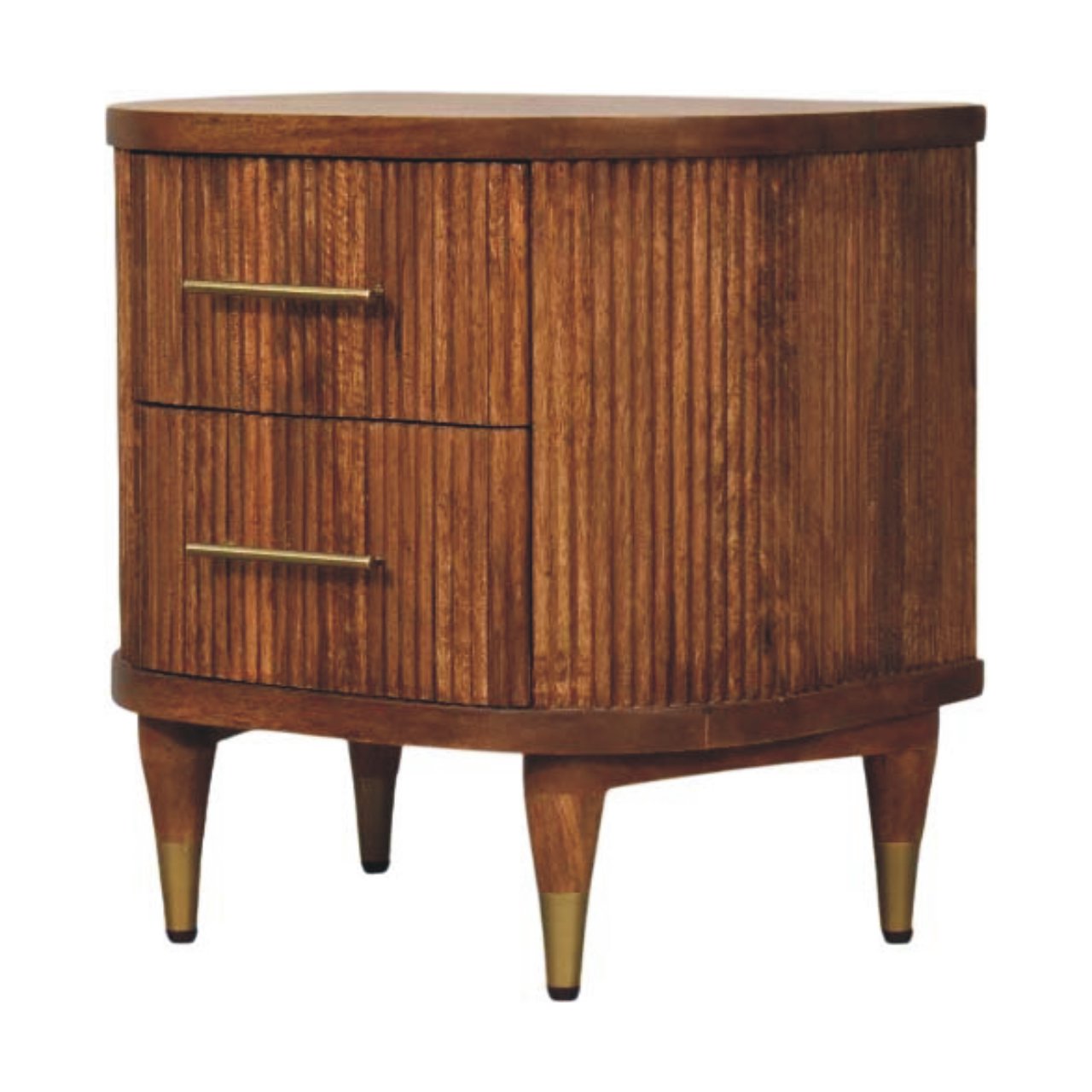 Emerson Amber Oak Ribbed Bedside Table – 2 Drawer Solid Mango Wood Nightstand with Brass Accents
