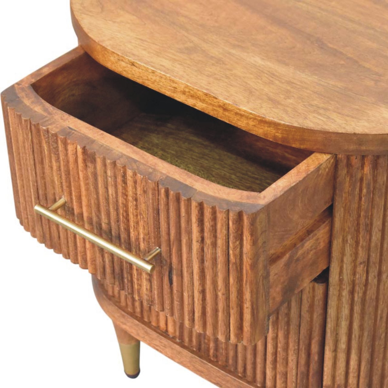 Emerson Amber Oak Ribbed Bedside Table – 2 Drawer Solid Mango Wood Nightstand with Brass Accents
