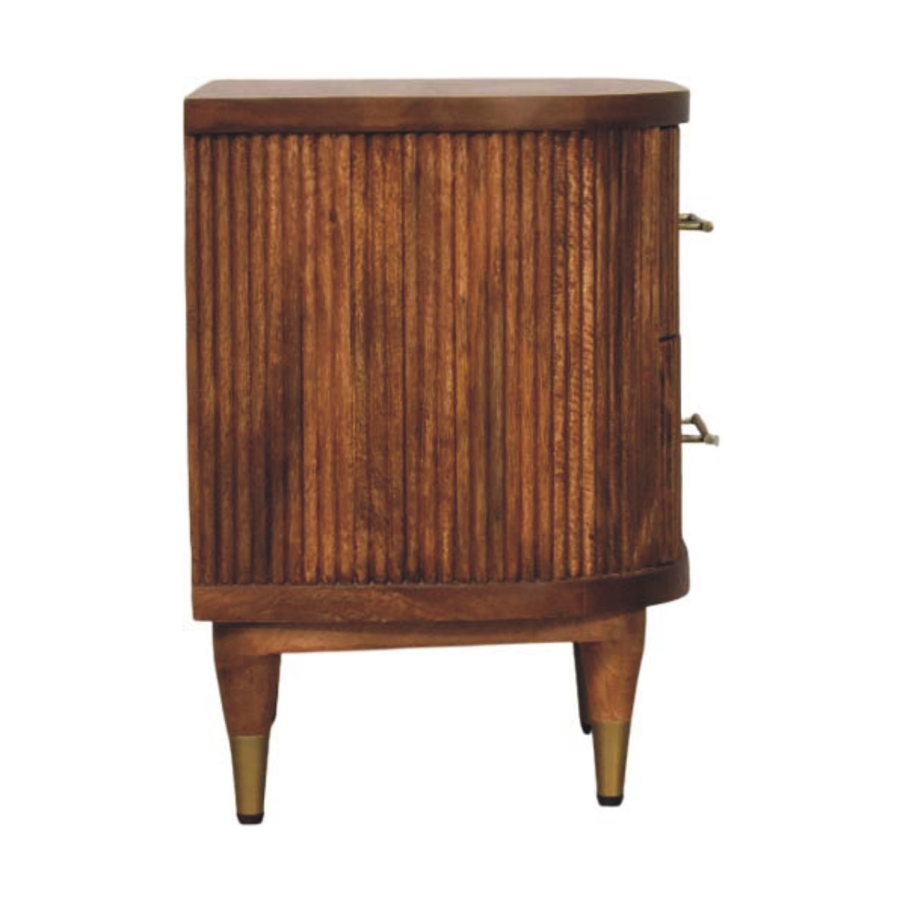 Emerson Amber Oak Ribbed Bedside Table – 2 Drawer Solid Mango Wood Nightstand with Brass Accents