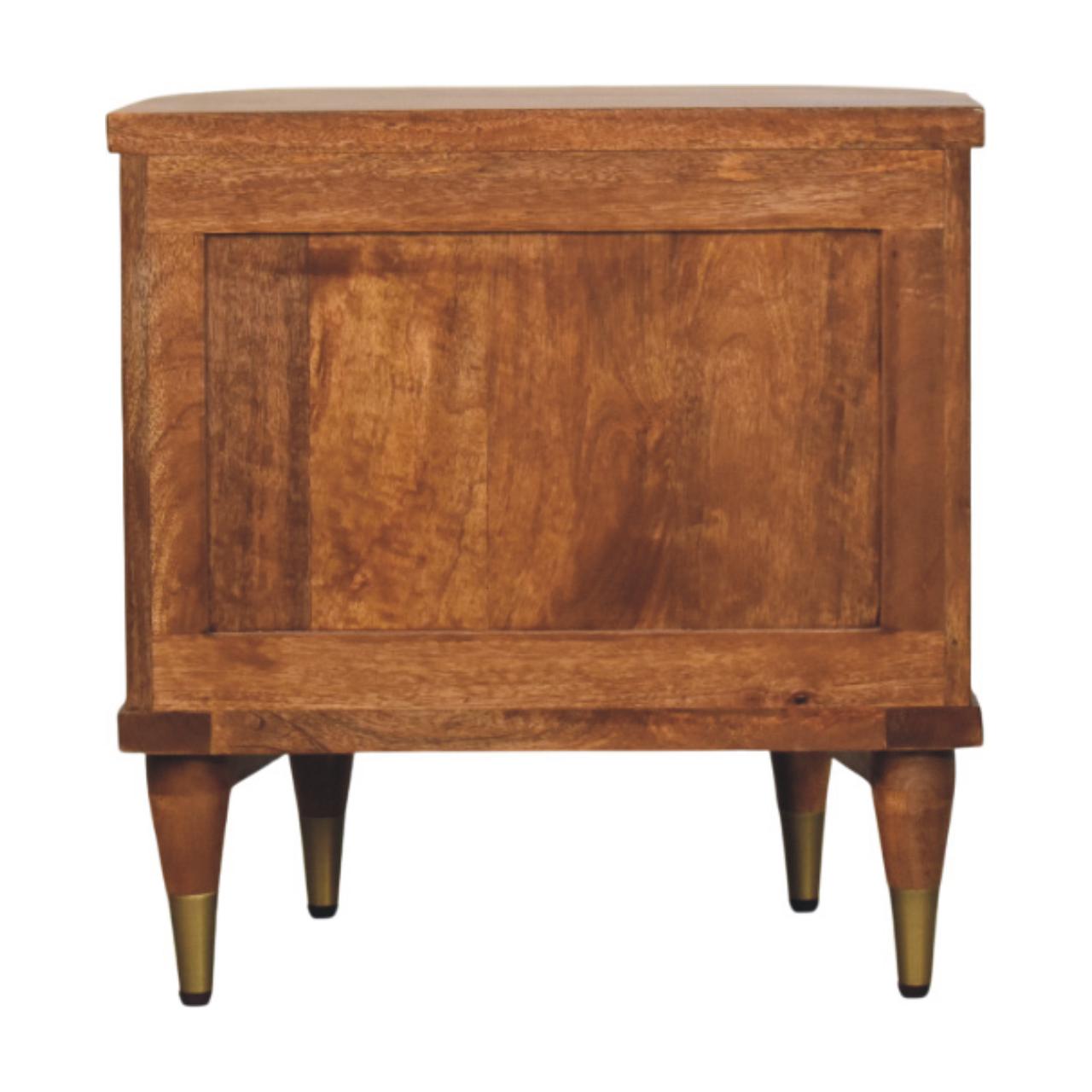 Emerson Amber Oak Ribbed Bedside Table – 2 Drawer Solid Mango Wood Nightstand with Brass Accents