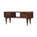 Two-Drawer Open-Slot Media Unit Gold T-Handle and Feet- Mid Century TV Stand