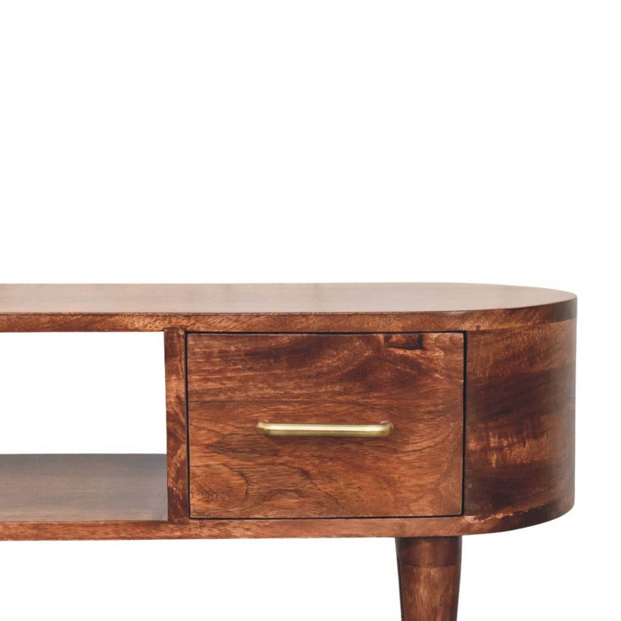 Two-Drawer Open-Slot Media Unit Gold T-Handle and Feet- Mid Century TV Stand