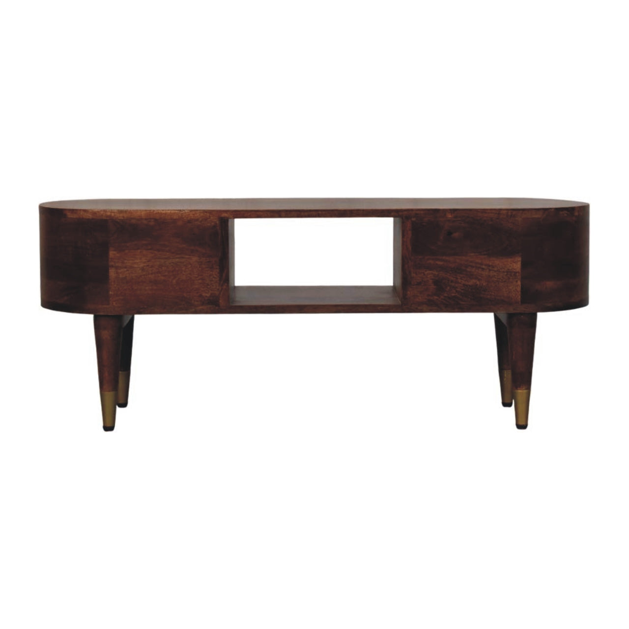 Two-Drawer Open-Slot Media Unit Gold T-Handle and Feet- Mid Century TV Stand