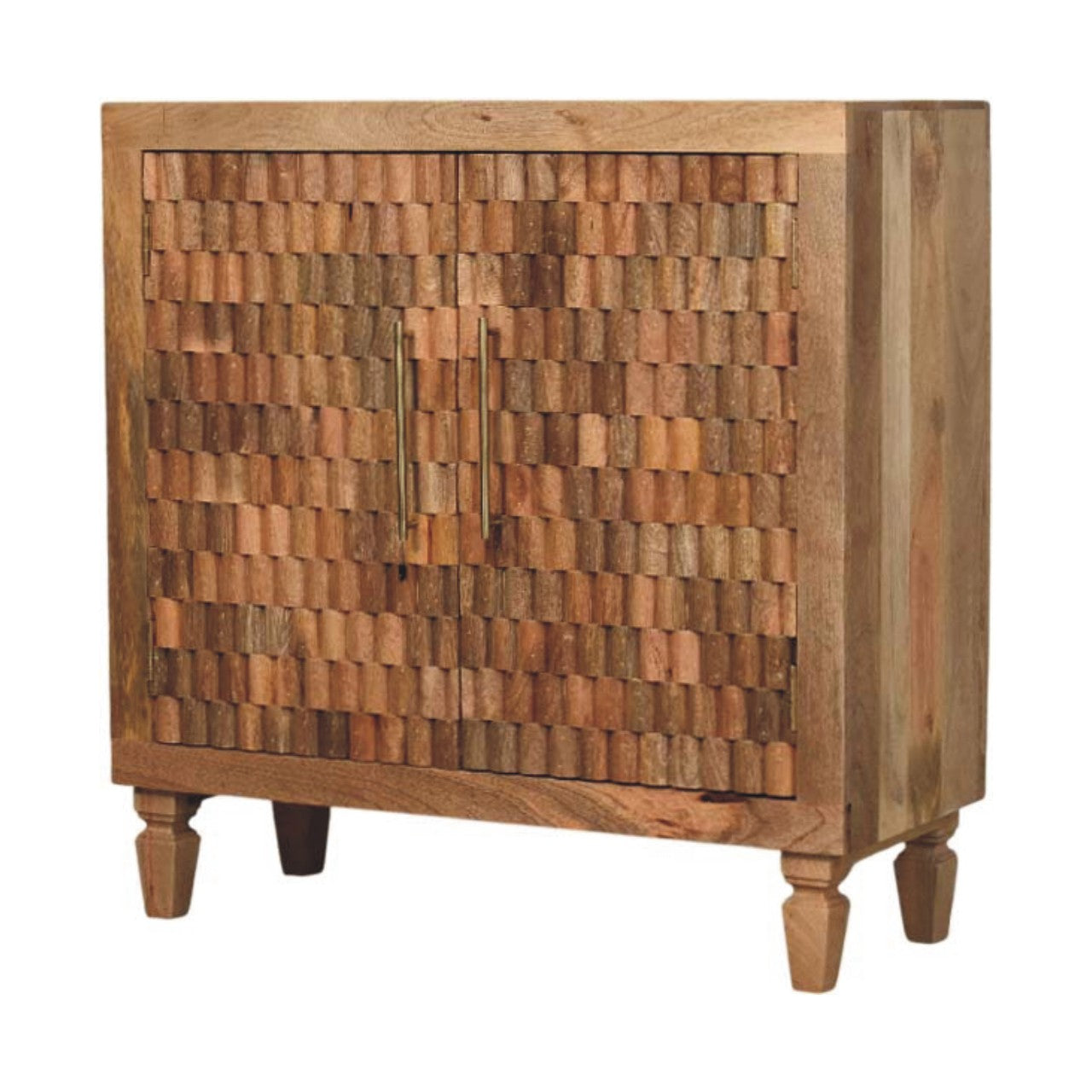 Cadiz Carved Block Cabinet – Golden Teak Solid Mango Wood Sideboard with Geometric Facade