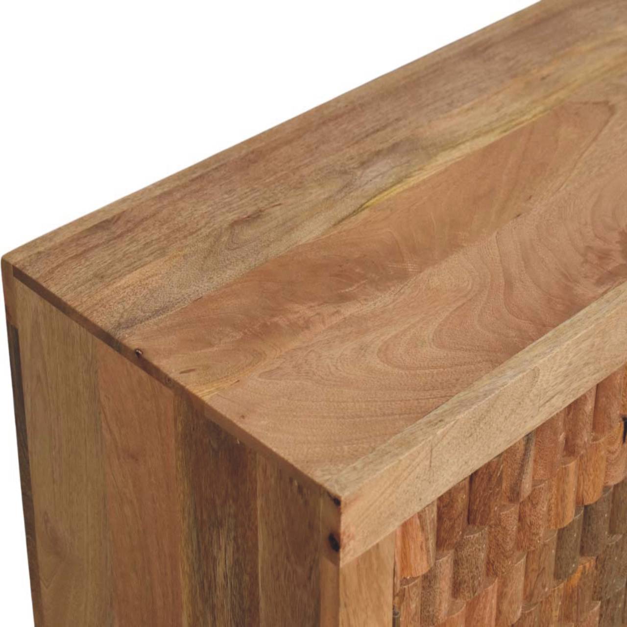 Cadiz Carved Block Cabinet – Golden Teak Solid Mango Wood Sideboard with Geometric Facade